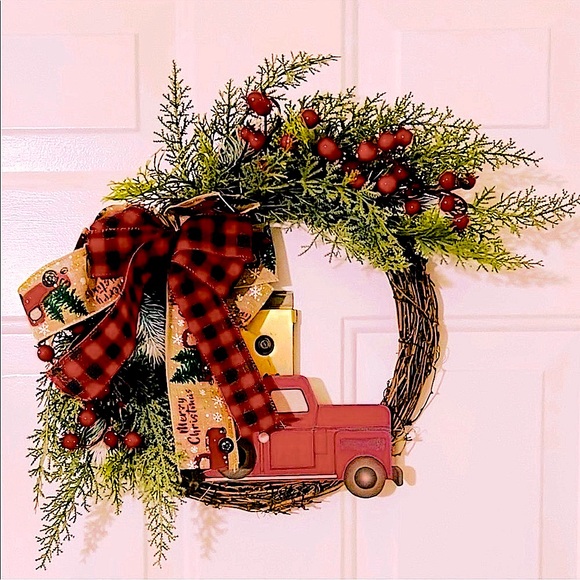 🎄10” FESTIVE CHRISTMAS HOLIDAY WREATH WITH RED TRUCK & PLAID BOW WALL DOOR DECOR - Picture 7 of 7